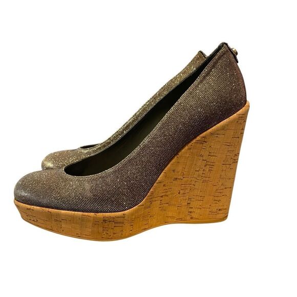 Stuart Weitzman Shoes - Stuart Weitzman Silver/Gold Glitter Lurex Fabric Cork Wedge Platform Pumps 10